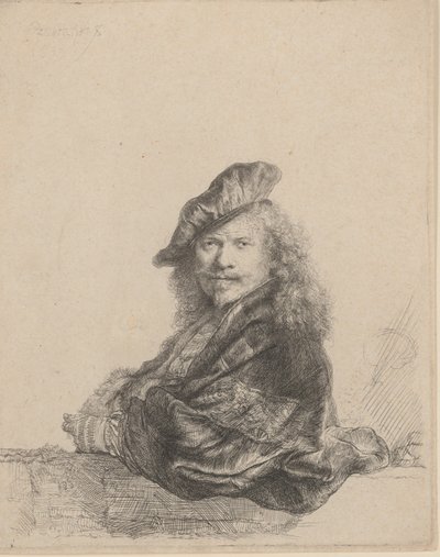Selbstporträt, das sich auf eine Steinschwelle lehnt, 1639 von Rembrandt van Rijn