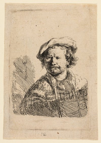 Selbstporträt mit flacher Mütze und besticktem Kleid von Rembrandt van Rijn
