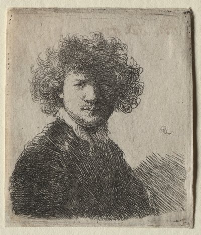 Selbstporträt mit lockigem Haar und weißem Kragen: Büste von Rembrandt van Rijn