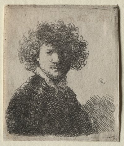Selbstporträt mit lockigem Haar und weißem Kragen: Büste von Rembrandt van Rijn