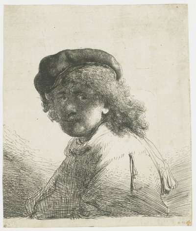 Selbstporträt mit Mütze und Schal, das Gesicht dunkel: Büste von Rembrandt van Rijn