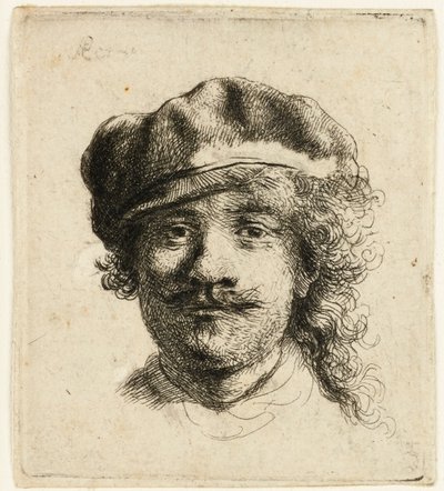 Selbstporträt mit weicher Mütze: Frontalansicht, nur Kopf von Rembrandt van Rijn