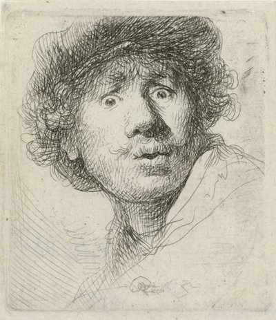 Selbstporträt mit Barett und weit aufgerissenen Augen von Rembrandt van Rijn