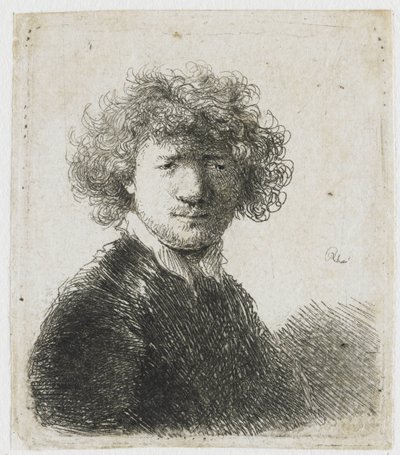 Selbstporträt mit lockigem Haar und weißem Kragen: Büste von Rembrandt van Rijn