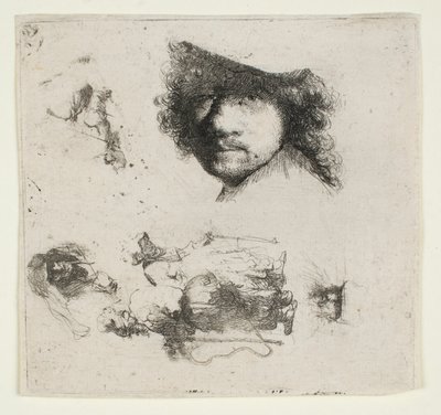 Blatt mit Studien: Kopf des Künstlers, ein Bettlerpaar, Köpfe eines alten Mannes und einer alten Frau, etc. von Rembrandt van Rijn