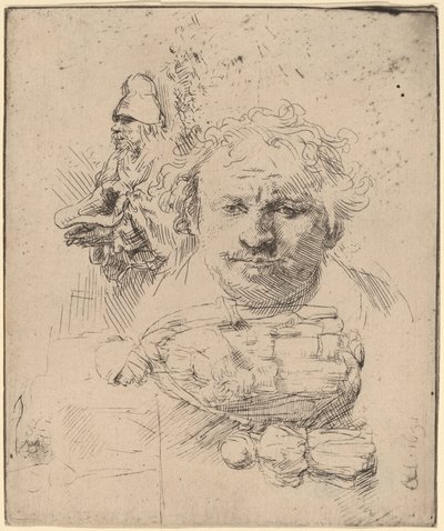 Blatt mit Studien des Kopfes des Künstlers, eines Bettlers und einer Frau mit Kind von Rembrandt van Rijn