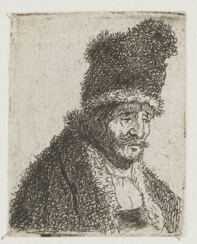 Blatt mit Studien von Männerköpfen: alter Mann im Pelzmantel und hoher Mütze von Rembrandt van Rijn