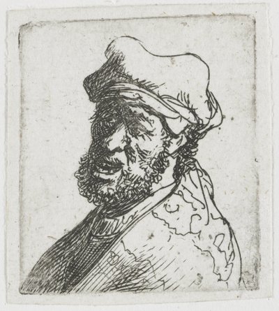 Blatt mit Studien von Männerköpfen: Mann, der schreit, Dreiviertel links: Büste von Rembrandt van Rijn