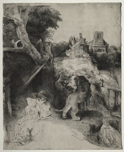 St. Hieronymus liest in einer italienischen Landschaft von Rembrandt van Rijn