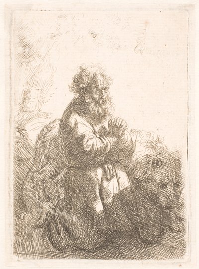 Der heilige Hieronymus kniend im Gebet, nach unten blickend von Rembrandt van Rijn