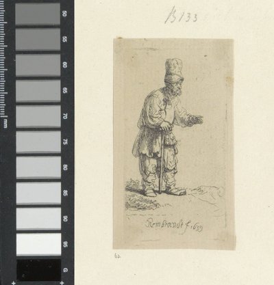 Stehender Bauer mit hohem Kopfschmuck, lehnend auf einen Stock von Rembrandt van Rijn