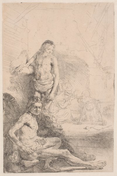 Studien vom Akt: ein sitzender und ein stehender Mann: mit einer Frau und einem Baby leicht im Hintergrund geätzt von Rembrandt van Rijn