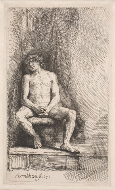 Studie vom Akt: Mann vor einem Vorhang sitzend von Rembrandt van Rijn