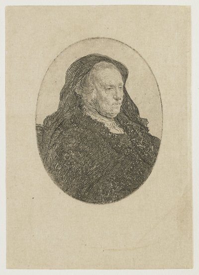 Die Mutter des Künstlers sitzt an einem Tisch, schaut nach rechts: Dreiviertellänge von Rembrandt van Rijn