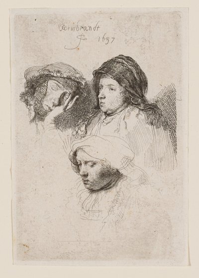 Drei Frauenköpfe, eine schläft von Rembrandt van Rijn