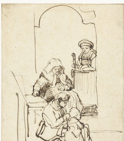 Drei Frauen und ein Kind an einer Tür von Rembrandt van Rijn