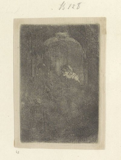 Frau in einer Türöffnung, die mit einem Mann mit Kindern spricht (Serie: Sammlung von fünfundachtzig Originaldrucken) von Rembrandt van Rijn