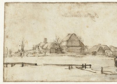 Winteransicht mit Wasserweg, Hütten und zwei Booten von Rembrandt van Rijn