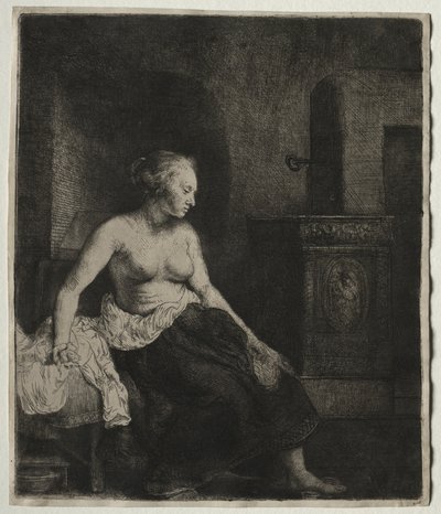 Frau sitzt halb angezogen neben einem Ofen, 1658 von Rembrandt van Rijn