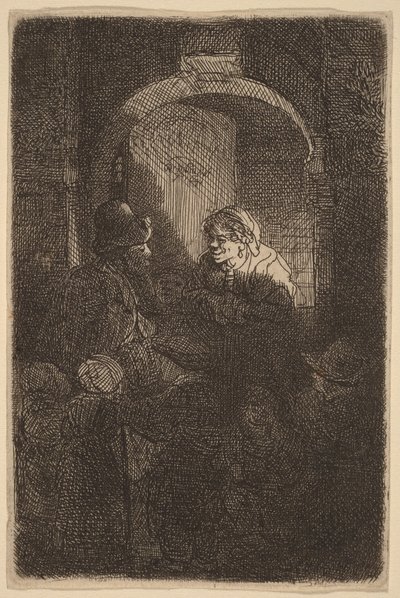 Frau an einer Türklappe spricht mit einem Mann und Kindern (Der Schulmeister) von Rembrandt van Rijn