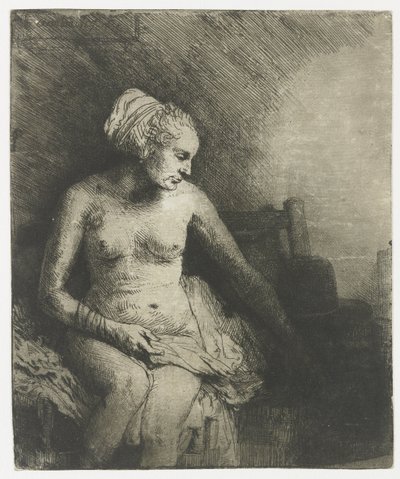 Frau beim Bad, mit einem Hut neben ihr von Rembrandt van Rijn
