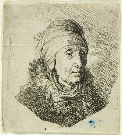 Frau mit hohem Kopfschmuck um das Kinn gewickelt: Büste von Rembrandt van Rijn