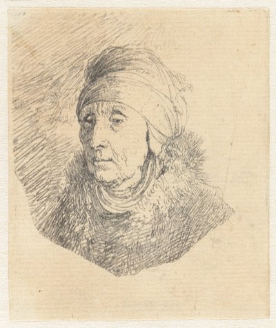 Frau mit hohem Kopfschmuck um das Kinn gewickelt: Büste von Rembrandt van Rijn