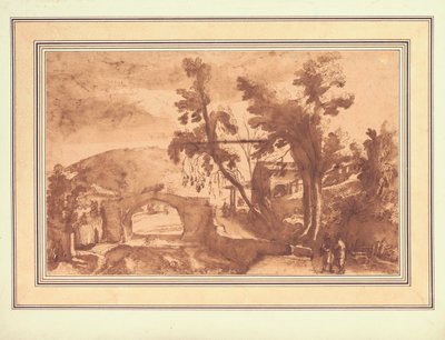 Eine bergige Landschaft mit einer Brücke über einen Fluss, Figuren auf einer Straße bei einem Bauernhof rechts von Remigio Cantagallina