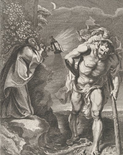 Der heilige Christophorus trägt das Christuskind über einen Bach, ein anderer Mann hält ..., ca. 1636-80 von Remoldus Eynhoudts