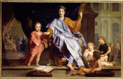 Die Eloquenz. Allegorie der Eloquenz, gekrönt, im Hintergrund König Ludwig XIV. vor seinen Höflingen von René Antoine Houasse