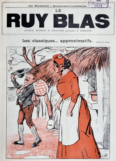 Marianne als Bäuerin, mit einem Taschentuch in der Hand, auf den Stufen ihres Hauses, beobachtet einen Mann, der sie begrüßen kommt - Zeichnung von R. Berger für das Cover von Ruy Blas, 1. Januar von Rene Berger