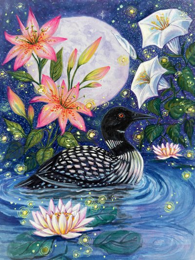 Mondbeschienener Seetaucher und Lilien von Renee Machan Cottagecore Artist