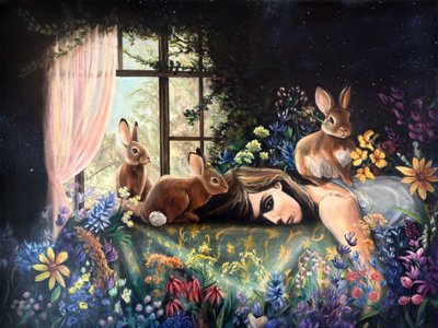 Schlafendes Mädchen mit Kaninchen von Renee Machan Cottagecore Artist