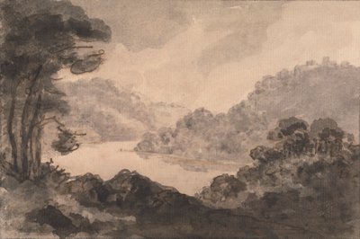 Gebirgslandschaft mit Fluss, Bäumen und Laub im Vordergrund von Rev. William Gilpin