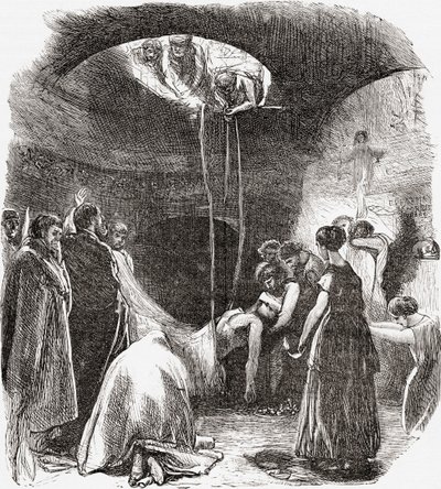 Eine frühe christliche Bestattung in den Katakomben von Rom, Italien. Aus Italienische Bilder von Rev. Samuel Manning, veröffentlicht um 1890. von Reverend Samuel Manning