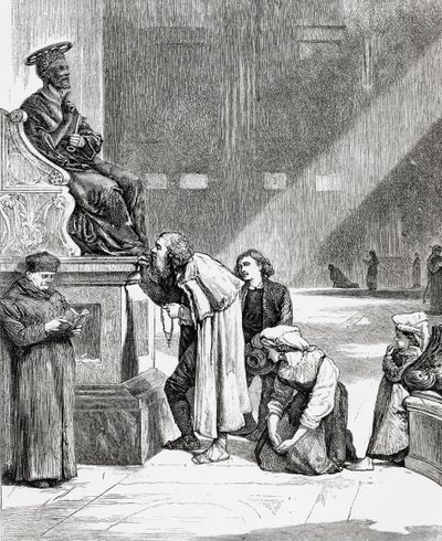 Menschen küssen die Füße der Statue des Heiligen Petrus in der Petersbasilika, Vatikanstadt, Rom im späten 19. Jahrhundert. Aus Italienische Bilder von Rev. Samuel Manning, veröffentlicht um 1890. von Reverend Samuel Manning