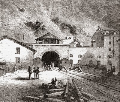 Der Fréjus-Eisenbahntunnel, auch Mont-Cenis-Tunnel genannt, Alpen, von der italienischen Seite im späten 19. Jahrhundert. Aus Italienische Bilder von Rev. Samuel Manning, veröffentlicht um 1890. von Reverend Samuel Manning