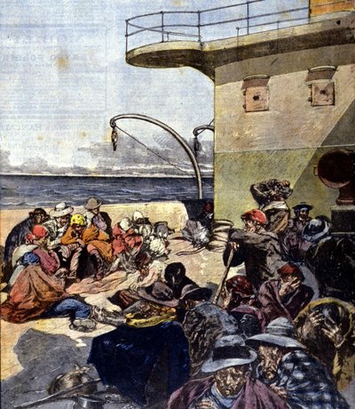 Italienische Auswanderung nach Kanada; die Reise an Bord der Lake Megantic erfolgte unter ziemlich schwierigen Bedingungen. Ill. von R. Pellegrini. La Domenica del corriere. 02/06/1901. von Riccardo Pellegrini