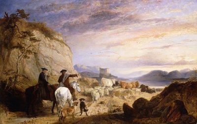 Hochlandtreiber und Hunde treiben ihre Schafe und Rinder in einer felsigen bewaldeten Landschaft von Richard Ansdell