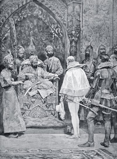 Akbar der Große empfängt die Botschafterin von Königin Elisabeth im Jahr 1599 von Richard Caton (after) Woodville