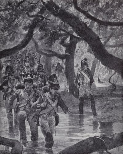Britische Soldaten überqueren die Sümpfe des Essequibo-Flusses in Britisch-Guayana von Richard Caton II (after) Woodville