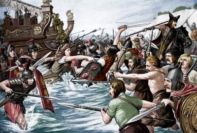 Die Landung von Julius Caesar in Britannien, 55 v. Chr., ca. 1920er von Richard Caton II Woodville