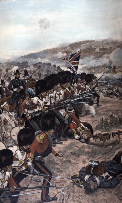 Eine Reihe von Coldstream Guardsmen mit aufgepflanzten Bajonetten, die unter Beschuss auf den Feind vorrücken, Schlacht von Alma, Krimkrieg (1854-56) 1896 von Richard Caton Woodville