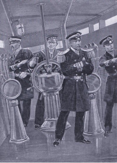 Admiral Togo im Kommandoturm seines Flaggschiffs, der eine Seeschlacht leitet, Illustration aus Cassells Geschichte des Russisch-Japanischen Krieges Band 1, ca. 1900 von Richard Caton Woodville