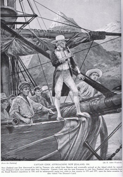 Kapitän Cook nähert sich Neuseeland, Illustration aus 
