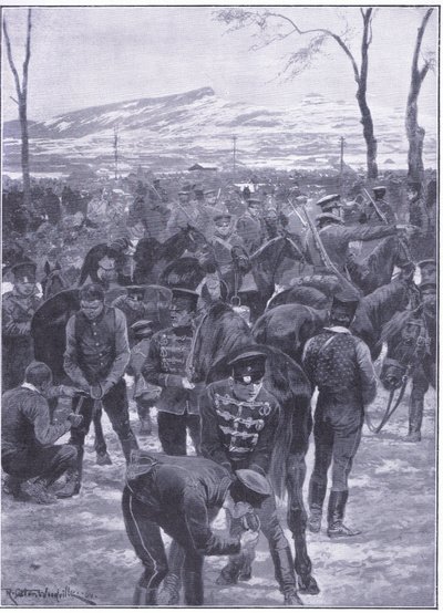 Japanisches Kavallerielager in Seoul: Hufschmiede bei der Arbeit, Illustration aus Cassells Geschichte des Russisch-Japanischen Krieges Band 1, ca. 1900 von Richard Caton Woodville