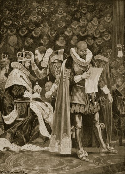 Die Huldigung, die Freigiebigkeit und die allgemeine Begnadigung bei der Krönung von James I. und Anne von Dänemark, 25. Juli 1603, aus 