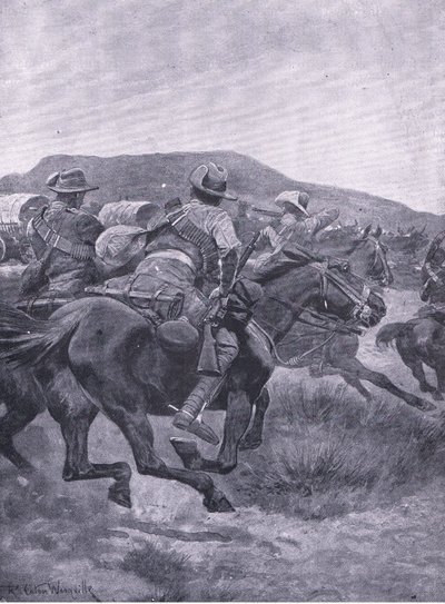 Yeomanry greifen De Wets Nachhut und Transport an, aus After Pretoria: Der Guerillakrieg veröffentlicht von Harmsworth Bros Limited, 1901 von Richard Caton Woodville