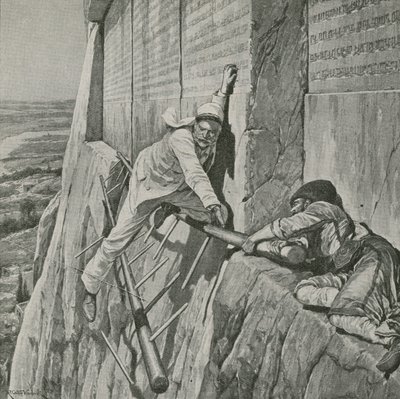 Eine knappe Flucht für Sir Henry Rawlinson am Felsen von Behistun von Richard Caton Woodville junior