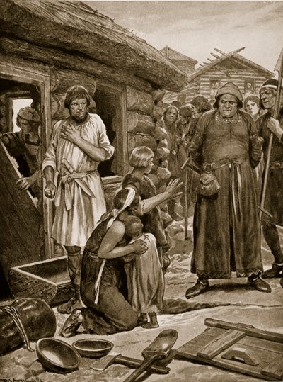 Überlastete Untertanen aus ihren Häusern vertrieben, Illustration aus 